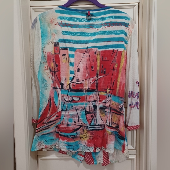 Save the Queen mixed media button front top sailboat print mesh 3/4 sleeves LG - Picture 1 of 14